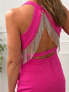 Emerald Sundae Hot Pink Rhinestone Fringe Open Back Mini Dress – M